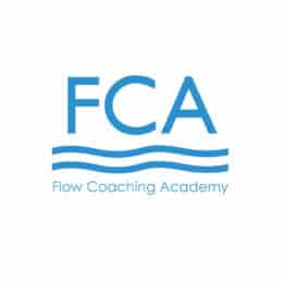 FCA Flow Coaching Academy logo blue text with blue waves on a white background