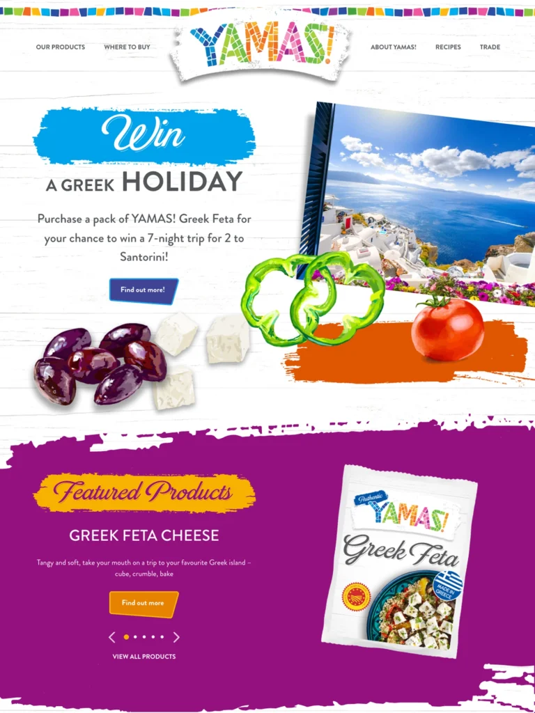 A screenshot of the YAMAS! website showing the header, a product and a photo