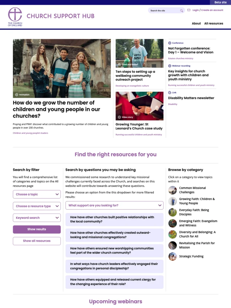 screenshot of the Church Support HUb website design
