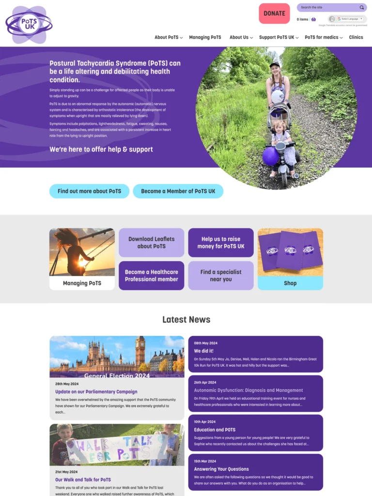 screenshot of PoTS UK website
