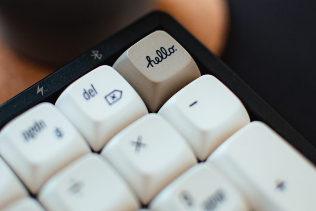 A keyboard - one key says 'Hello'