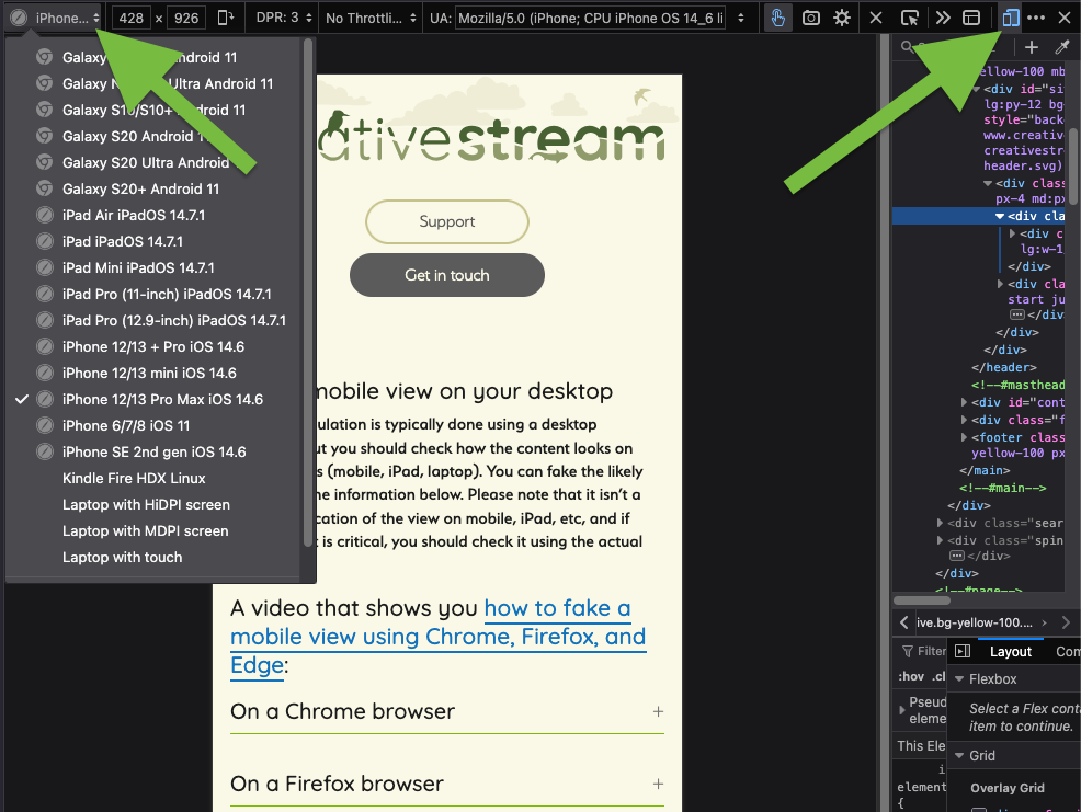 Firefox browser, showing the Responsive Design Mode icon on the right, and the dropdown of device choices top left